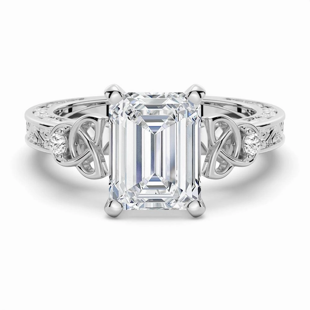 Vintage Celtic Knots Design Emerald Cut Moissanite Engagement Ring Layered Look