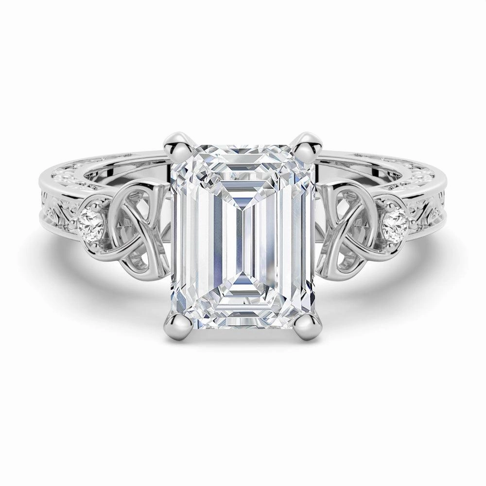 Vintage Celtic Knots Design Emerald Cut Moissanite Engagement Ring Day Look