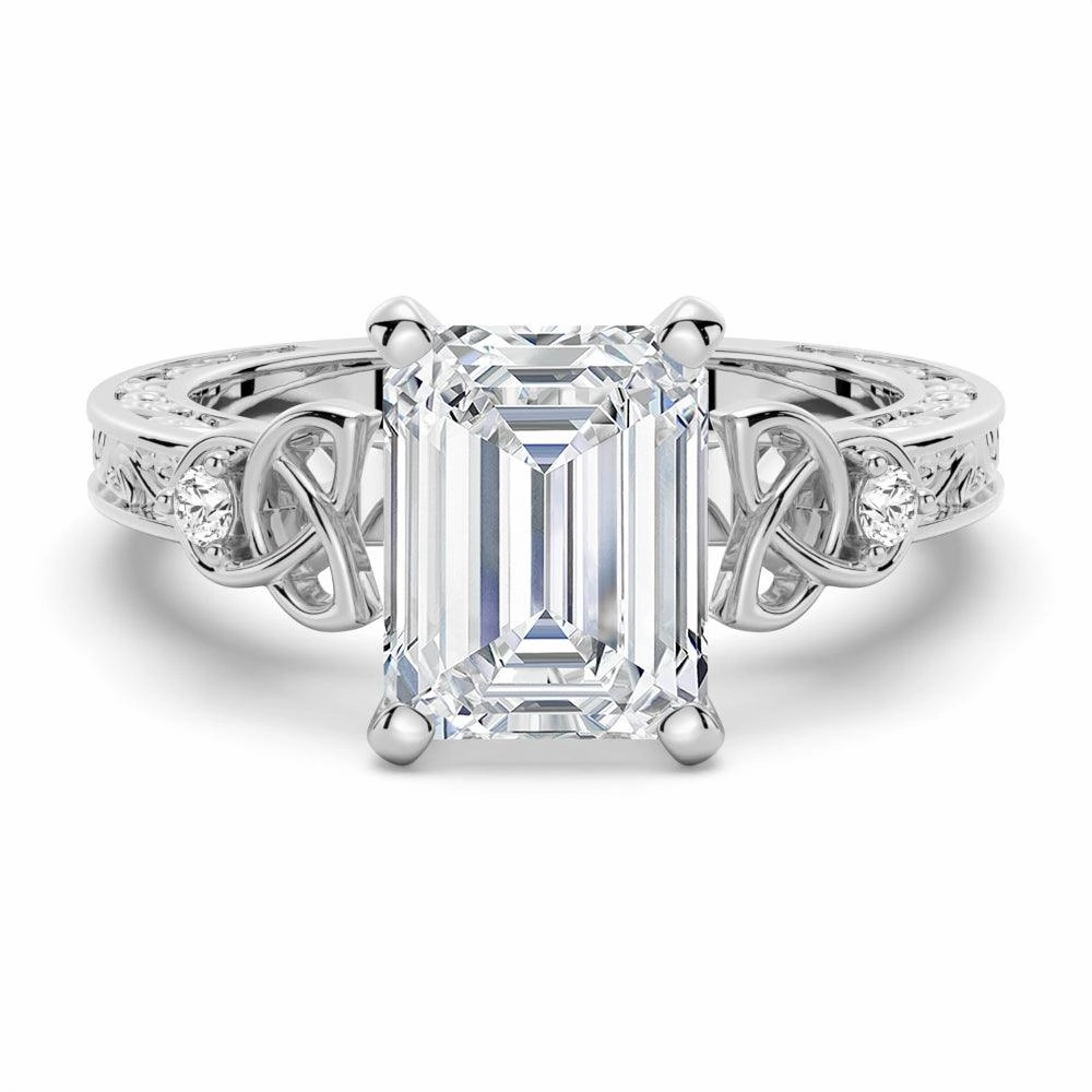 Party Finish Red Dress Vintage Celtic Knots Design Emerald Cut Moissanite Engagement Ring