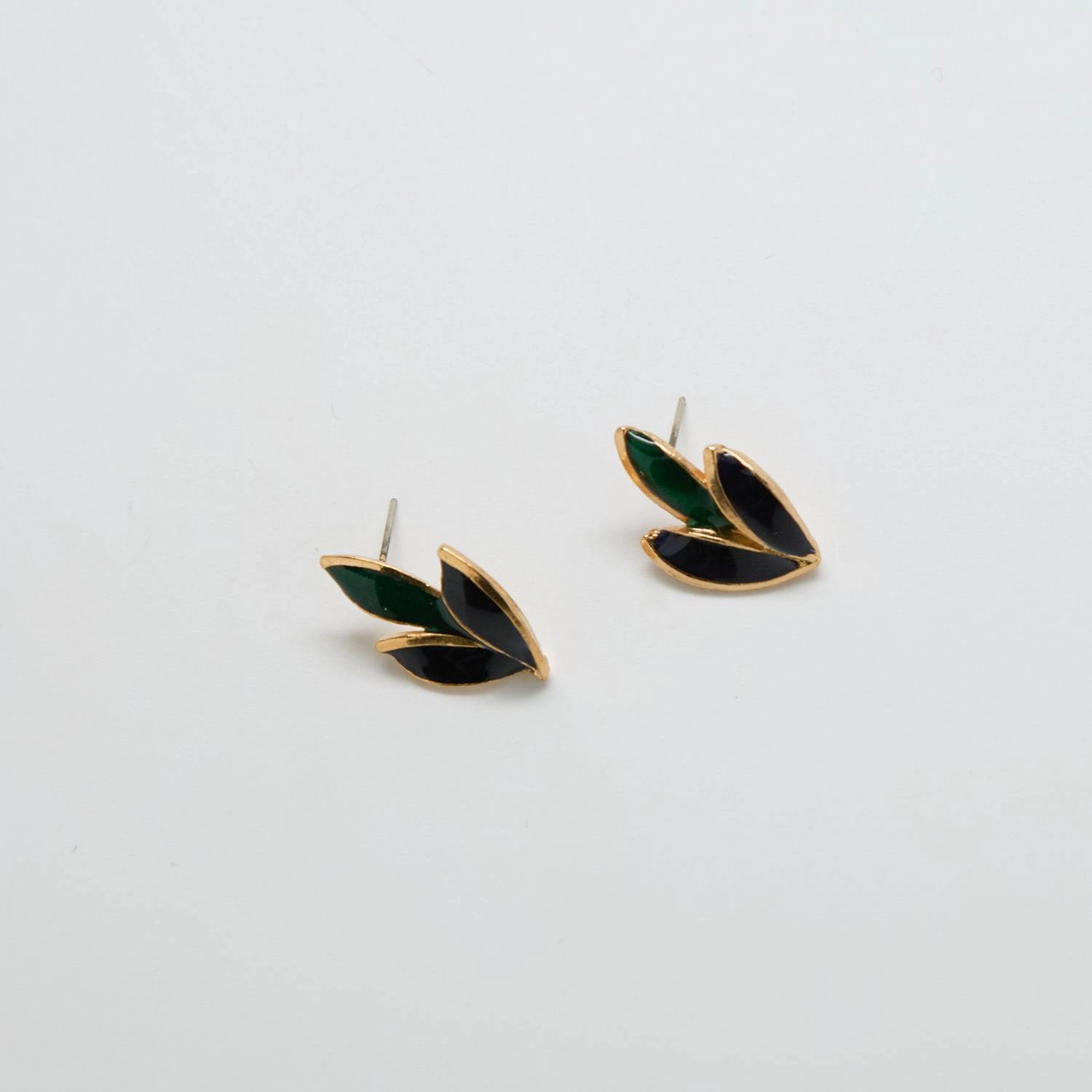 Vintage Gold, Green and Black Leaf Earrings Handmade Jewelry Pieces
