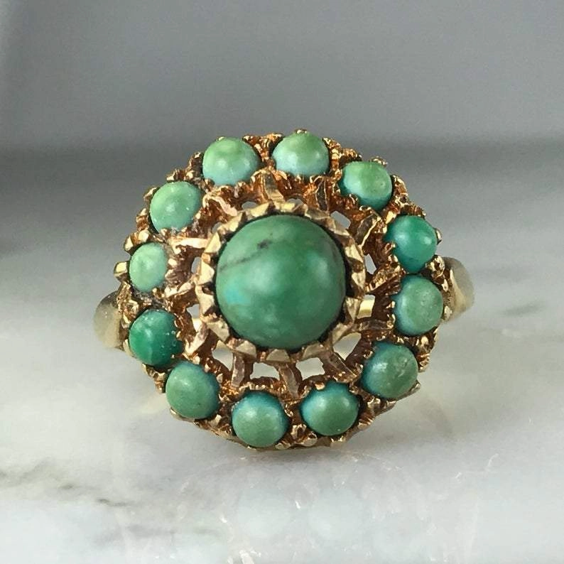 Elegant Charm Elegant Statement Vintage Green Turquoise Cluster Ring. Unique Engagement Ring. Estate Jewelry. December Birthstone.