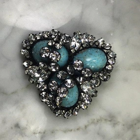 Formal Night Vintage Hattie Carnegie Brooch. Rhinestone and Faux Turquoise Eggs in the Nest Brooch.