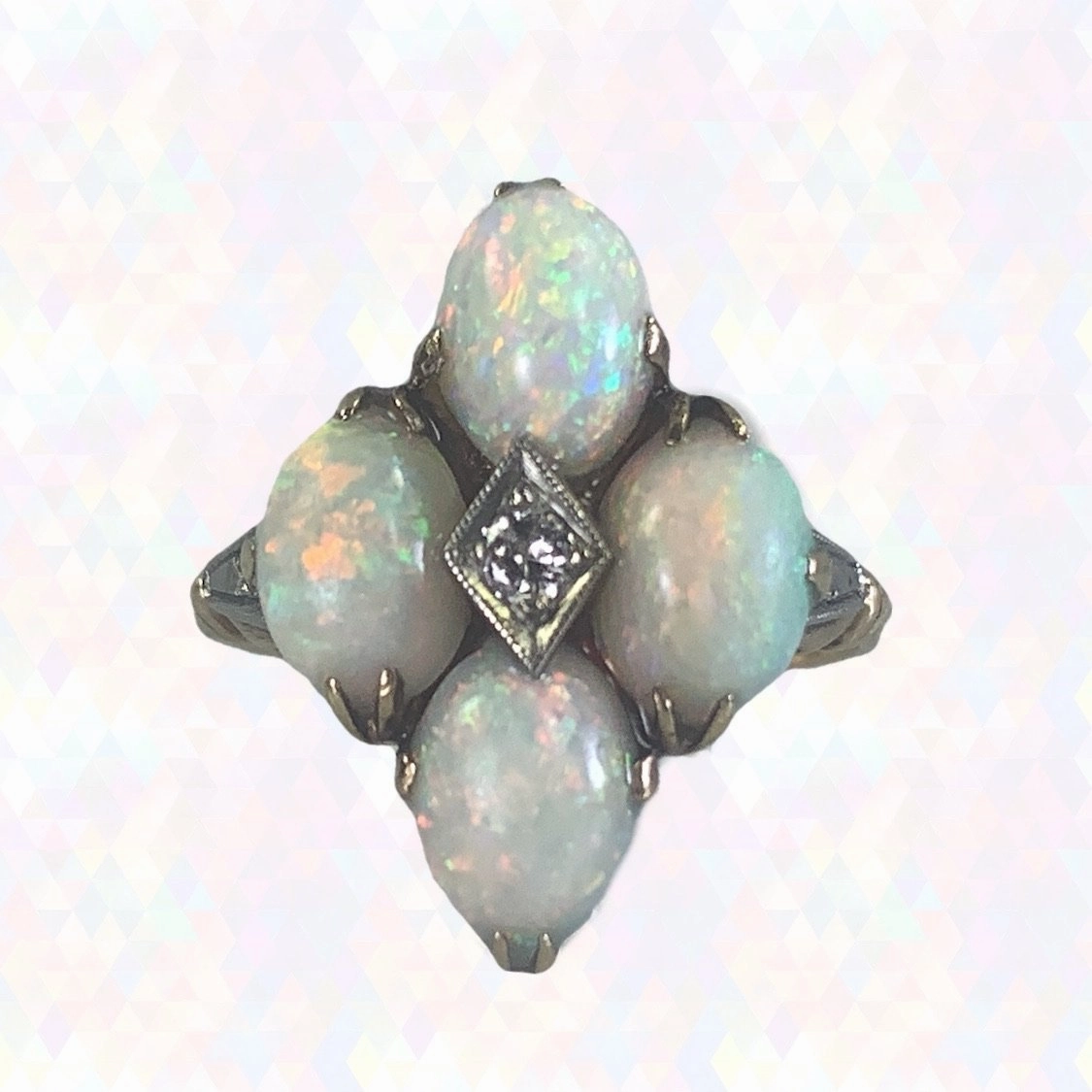 Charming Design Allure Detail Vintage Opal and Diamond Statement Ring set in Yellow Gold. October Birthstone. 1950s Estate Jewelry