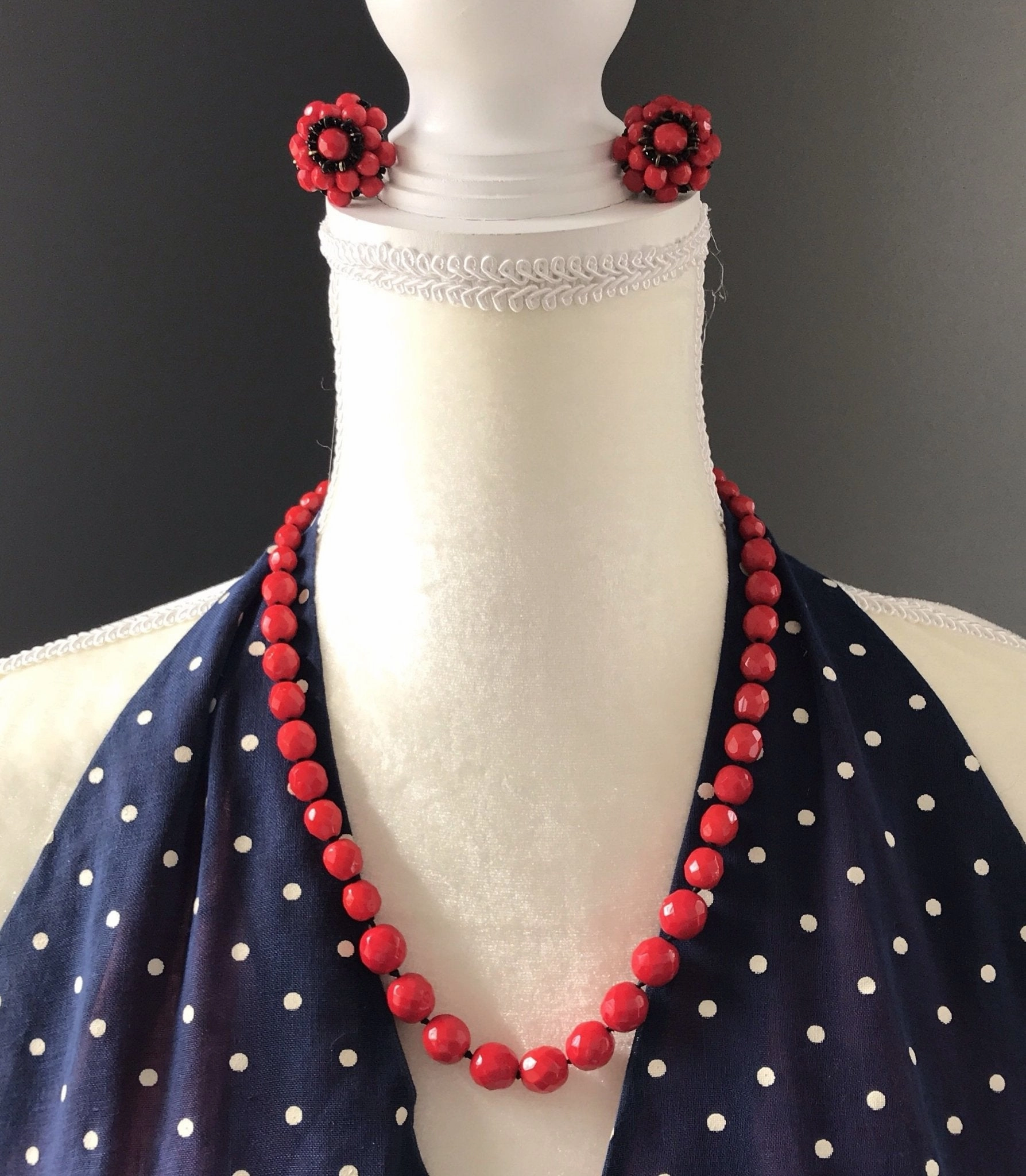 Luxury Style Soft Reflection Vintage Red Glass Beaded Necklace and Earring Set by Hattie Carnegie.