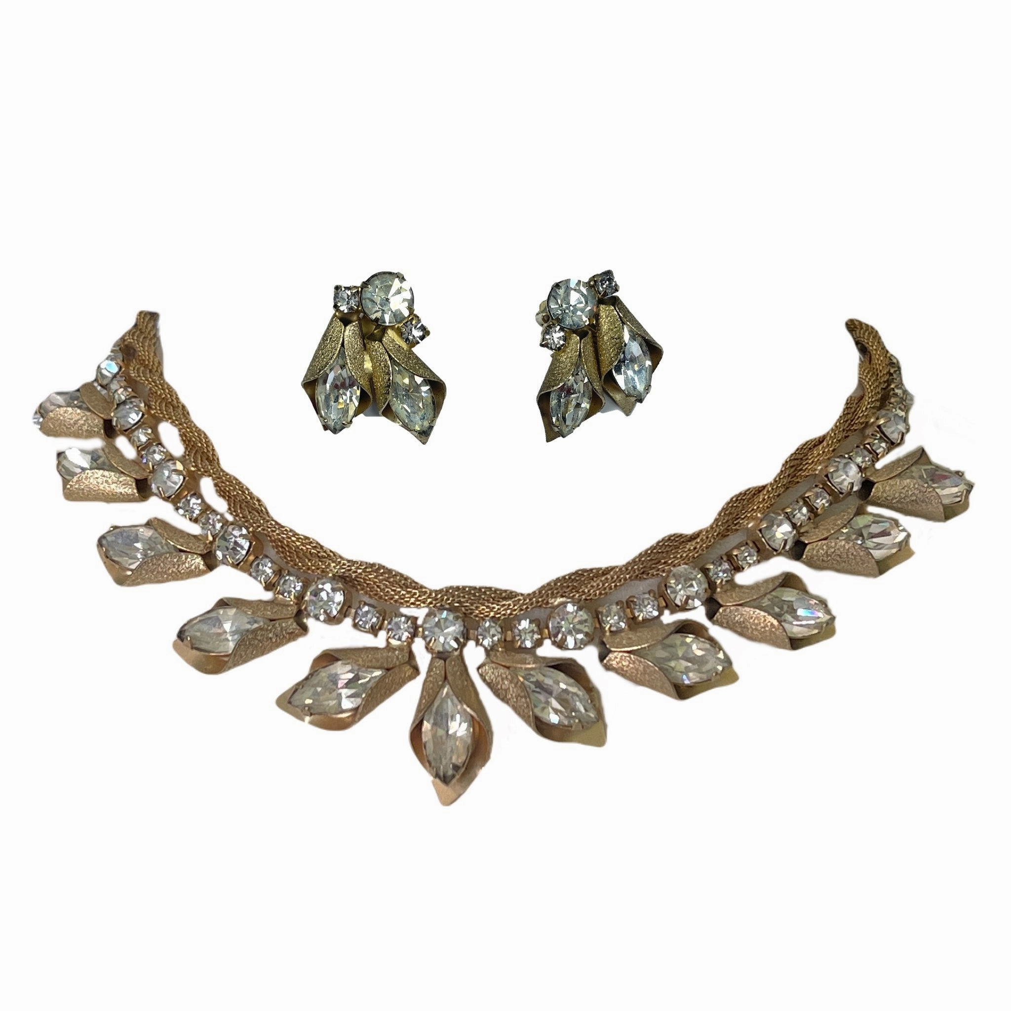 urban vibe Chic Line Vintage Rhinestone Necklace and Earring Set. 1940s Old Hollywood Costume Jewelry!