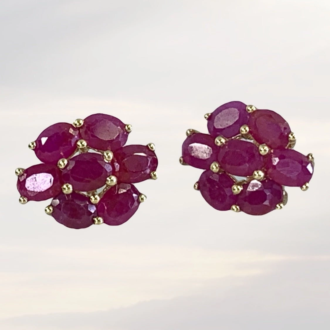Distinctive pieces Stunning Accent Vintage Ruby Cluster Earrings set in 10K Yellow Gold. July Birthstone. 15th Anniversary. Estate Jewelry.