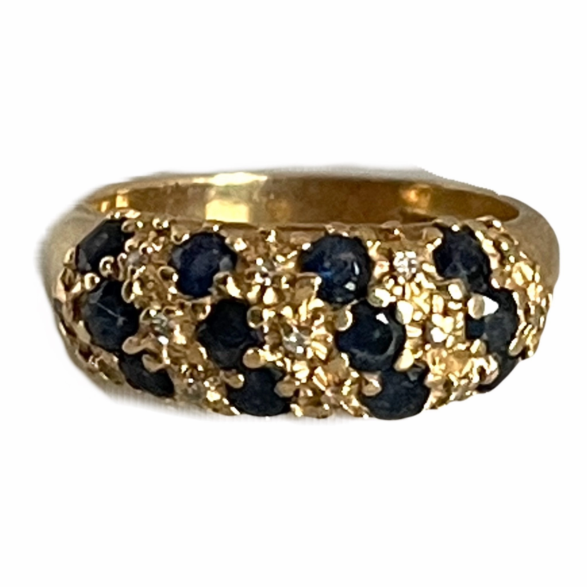 Vintage Sapphire and Diamond Ring set in 14k Yellow Gold. Unique Wedding Band. September's Birthstone. Dinner Party Balanced Accent