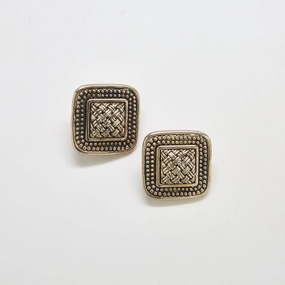 Vintage Silver Patterned Square Earrings Distinctive Layer