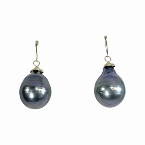 Vintage Tahitian Black Pearl Drop Earrings in 14K Yellow Gold Setting. October Birthstone. Artful Sparkle