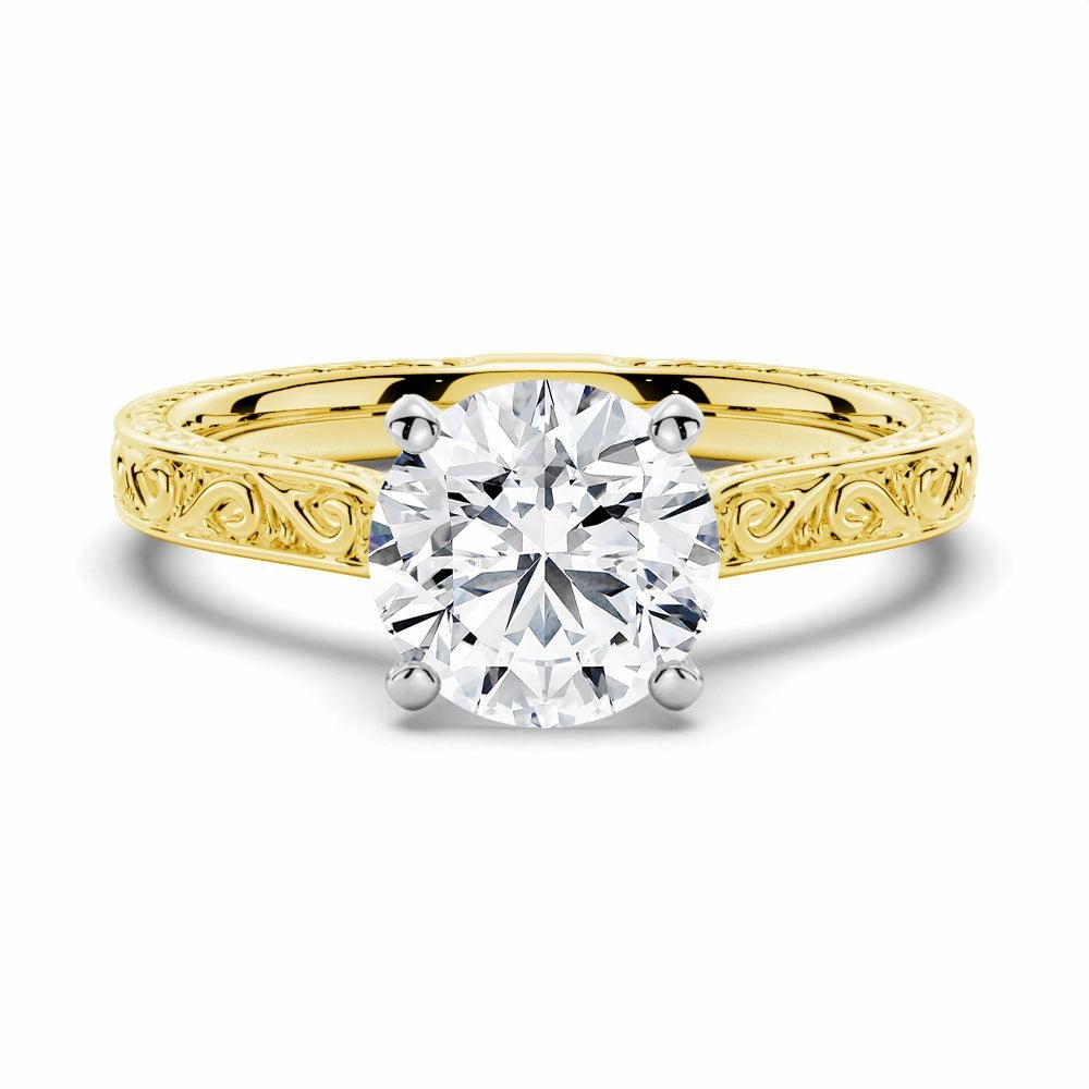 Refined Texture Vintage Two Tone Round Moissanite Engagement Ring With Milgrain Edges