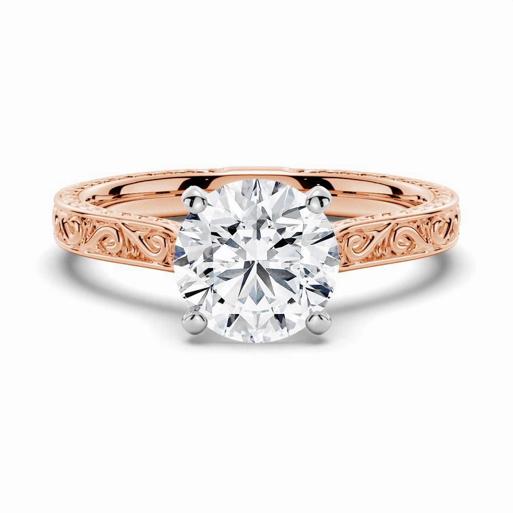 Perfect Sparkle Vintage Two Tone Round Moissanite Engagement Ring With Milgrain Edges
