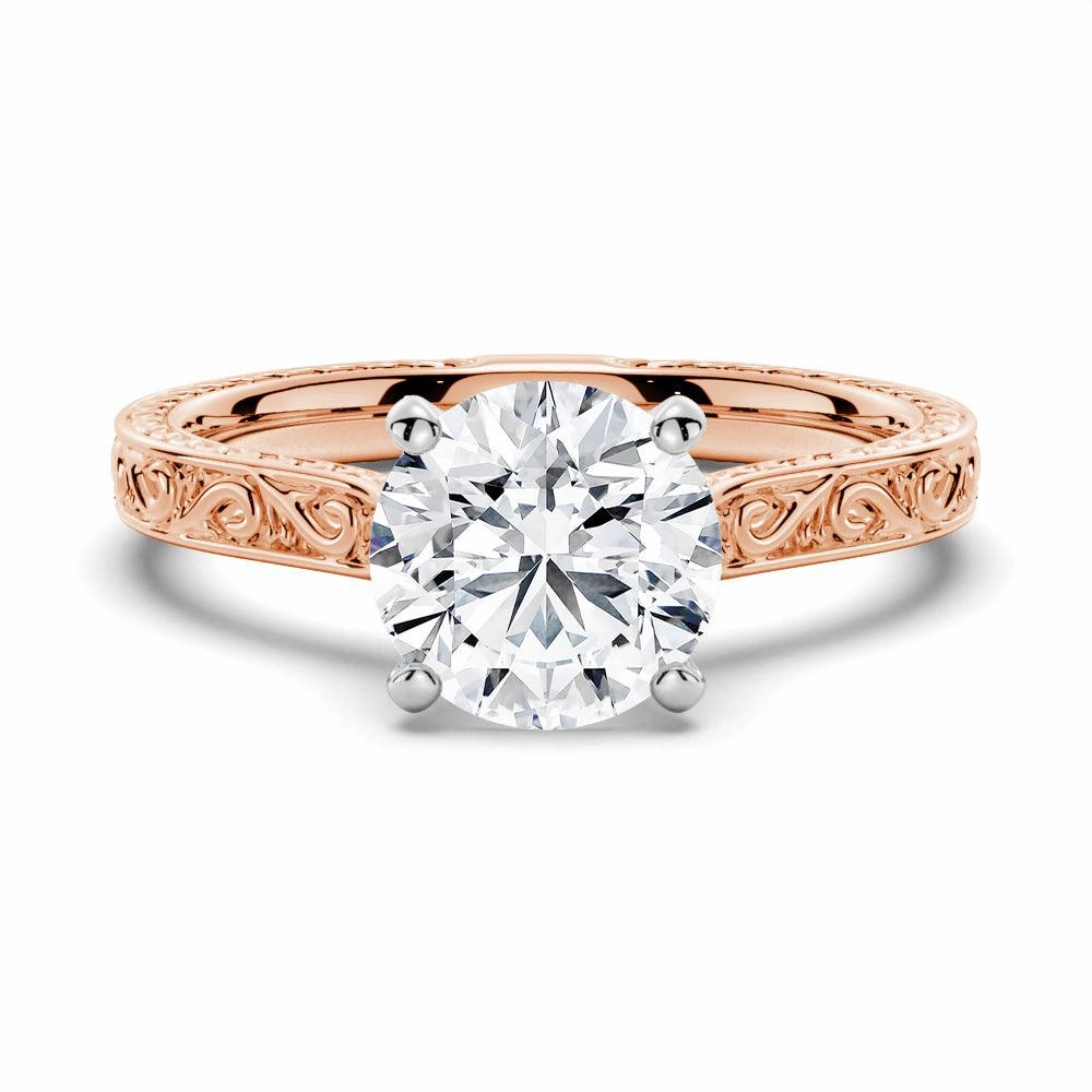 Vintage Two Tone Round Moissanite Engagement Ring With Milgrain Edges Artful Detail Chic Form