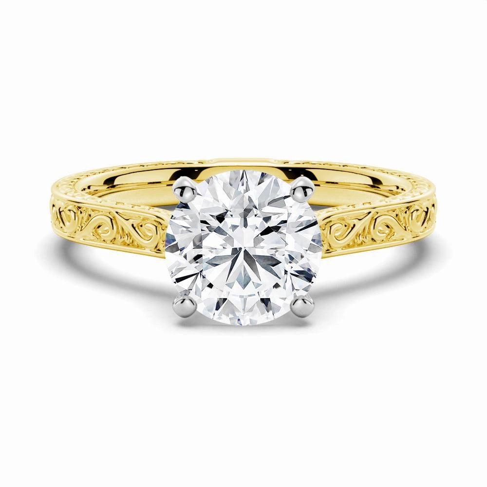 Vintage Two Tone Round Moissanite Engagement Ring With Milgrain Edges Subtle Charm Handcrafted Highlight