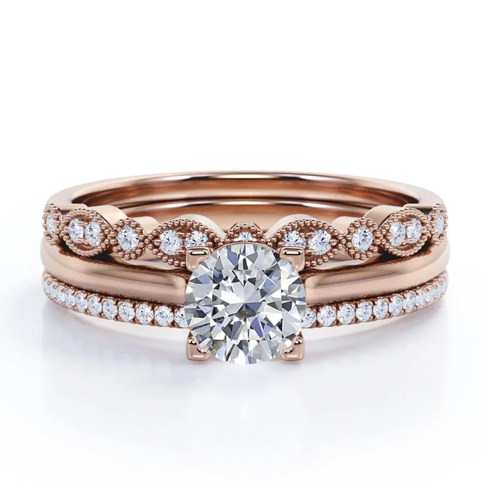 Distinctive pieces Antique 2 Carat Round Moissanite Pave Trio Ring Set