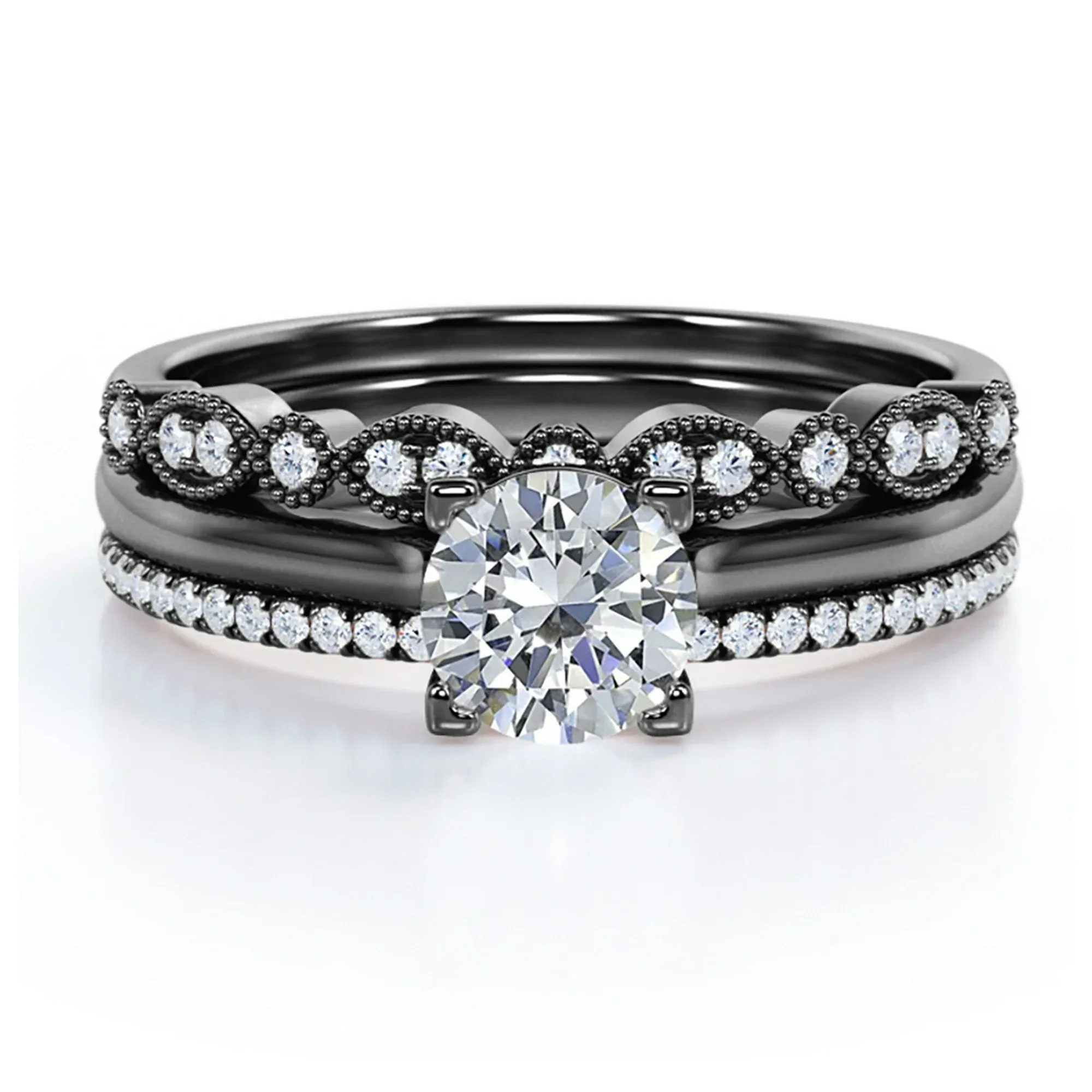 Antique 2 Carat Round Moissanite Pave Trio Ring Set Soft Glamour Luxury Sparkle