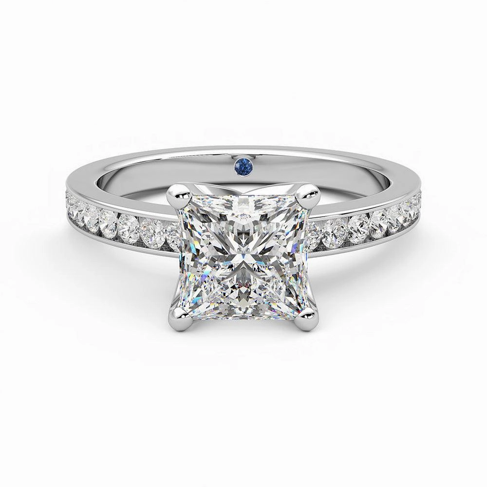 Princess Cut Moissanite Engagement Ring with Hidden Anniversary Stone and Channel Set Side Stones Subtle Pop Distinct Highlight