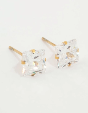 Waterproof Gold Plated Stainless Steel Princess Cut Cubic Zirconia Stud Earrings Subtle Feature Occasion Accent