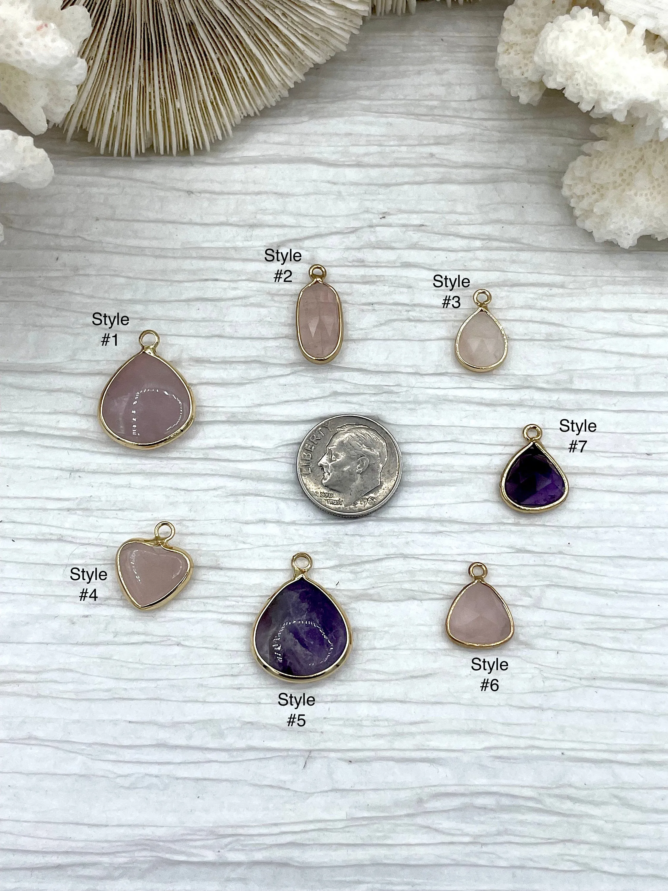 Gold Over Brass Soldered Natural Pink or Purple Quartz Drop Pendant with, 5 Styles Semi-Precious Gemstones Sold by the Piece.  Fast Ship Community Piece Fresh Feature