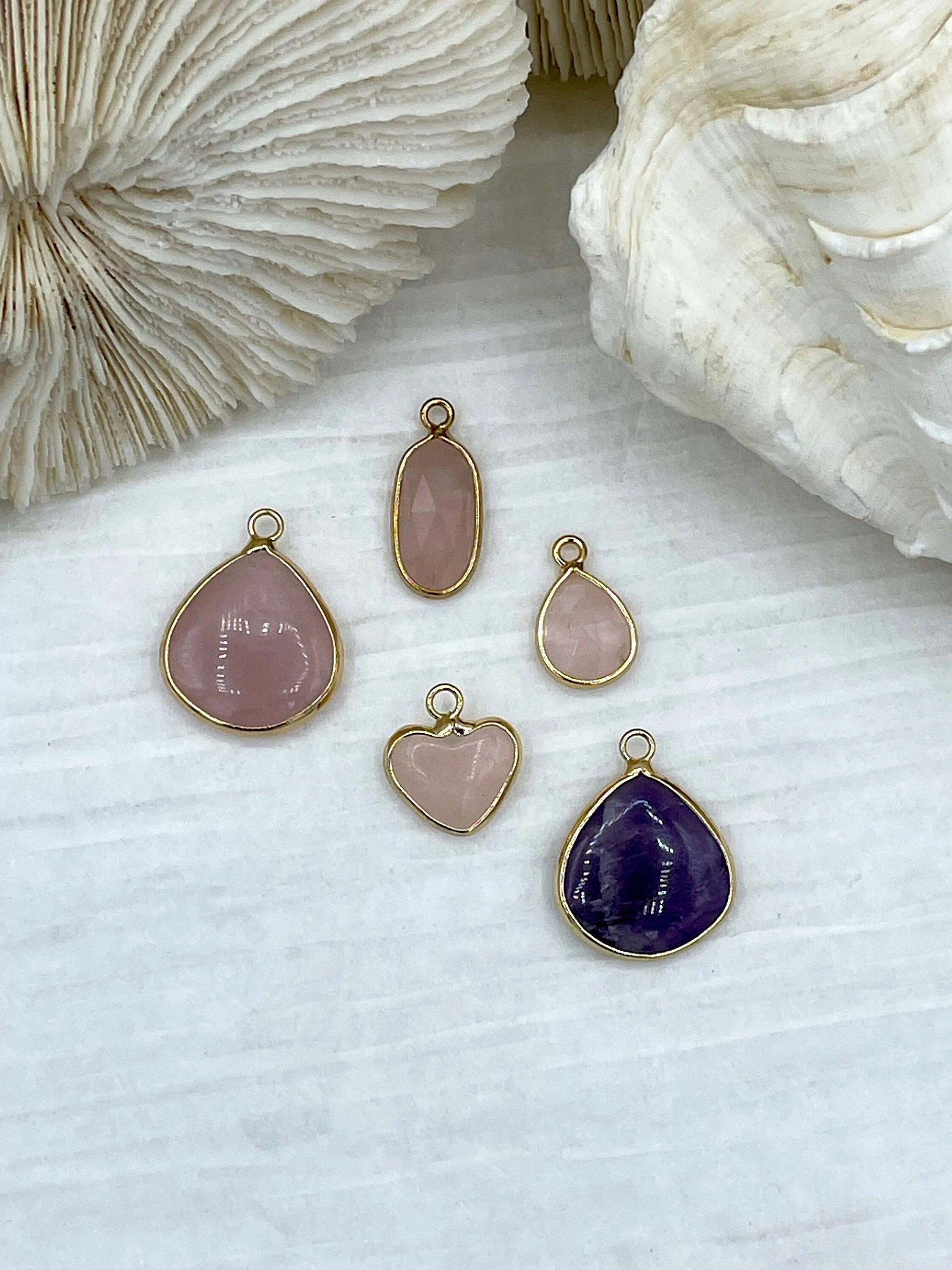 Statement Gift Everyday Style Gold Over Brass Soldered Natural Pink or Purple Quartz Drop Pendant with, 5 Styles Semi-Precious Gemstones Sold by the Piece.  Fast Ship