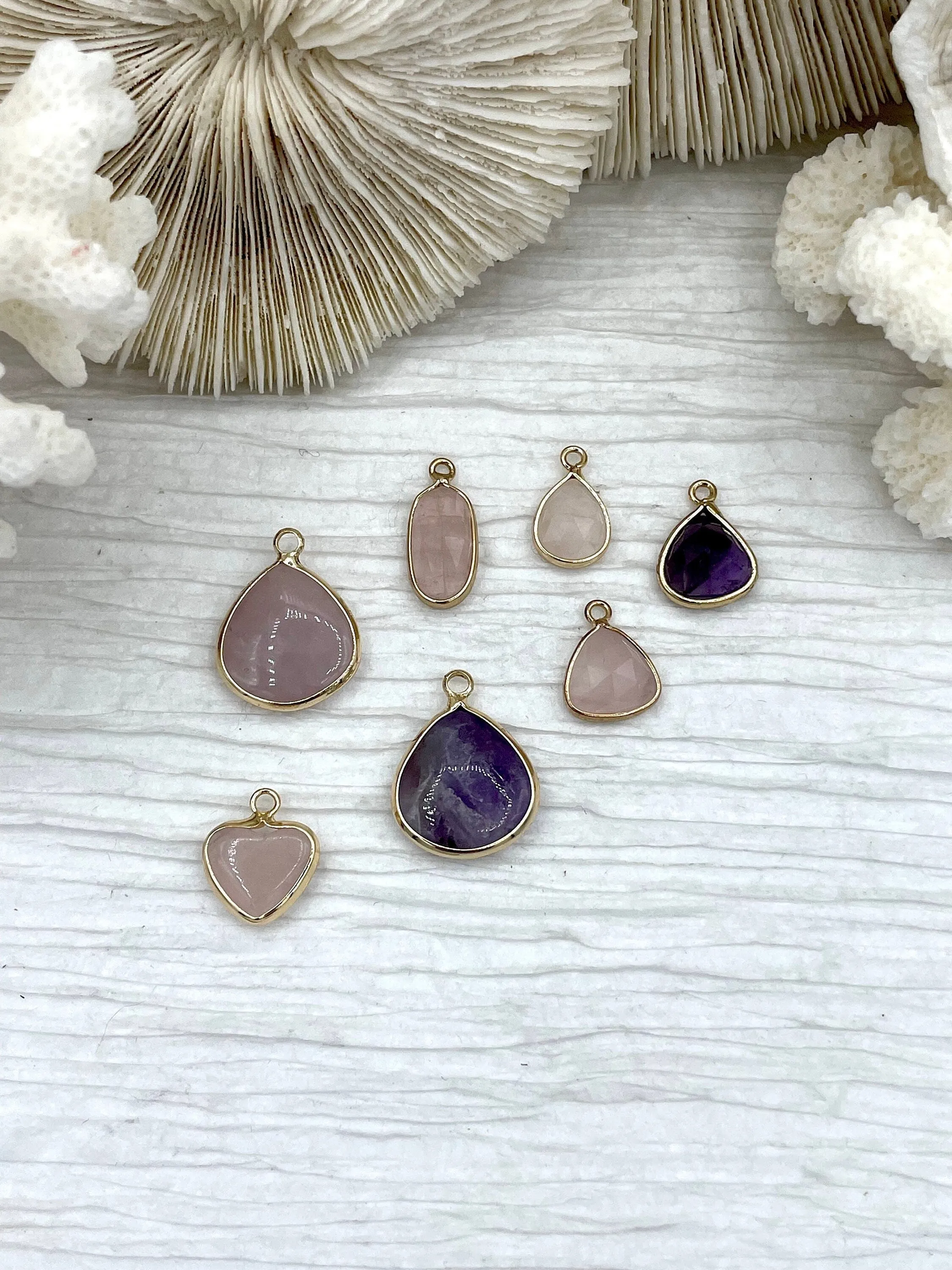 Business Attire Gold Over Brass Soldered Natural Pink or Purple Quartz Drop Pendant with, 5 Styles Semi-Precious Gemstones Sold by the Piece.  Fast Ship