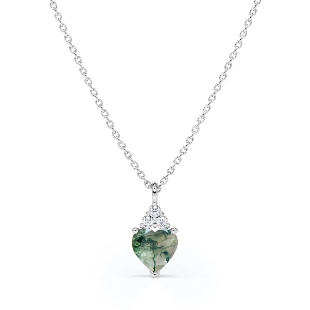 Distinctive Gift Dainty Heart 1.05 carat Dendritic Moss Agate and Moissanite Pendant in White Gold Necklace