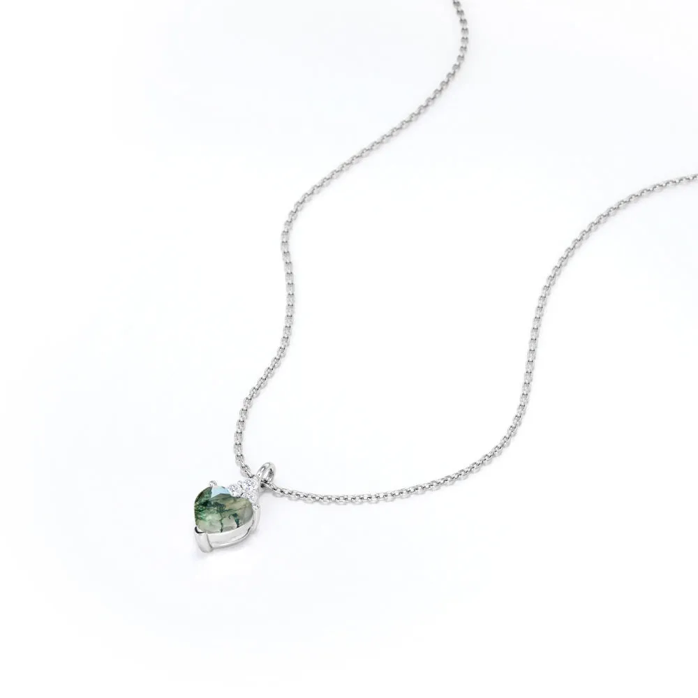 Dainty Heart 1.05 carat Dendritic Moss Agate and Moissanite Pendant in White Gold Necklace Ornamental Chain Celebration Time