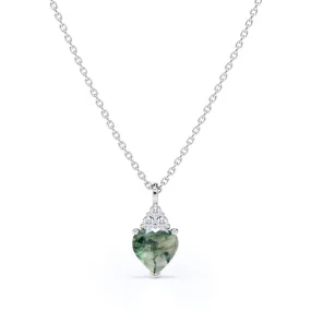 Trendy Piece Stylish Youth Dainty Heart 1.05 carat Dendritic Moss Agate and Moissanite Pendant in White Gold Necklace