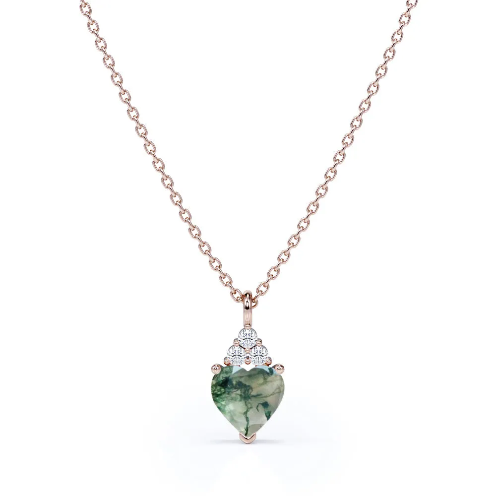 Boho Present Dainty Heart 1.05 carat Dendritic Moss Agate and Moissanite Pendant in White Gold Necklace