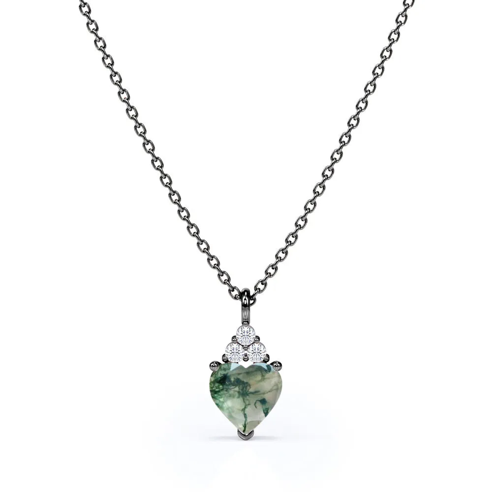 Dainty Heart 1.05 carat Dendritic Moss Agate and Moissanite Pendant in White Gold Necklace Spring Piece