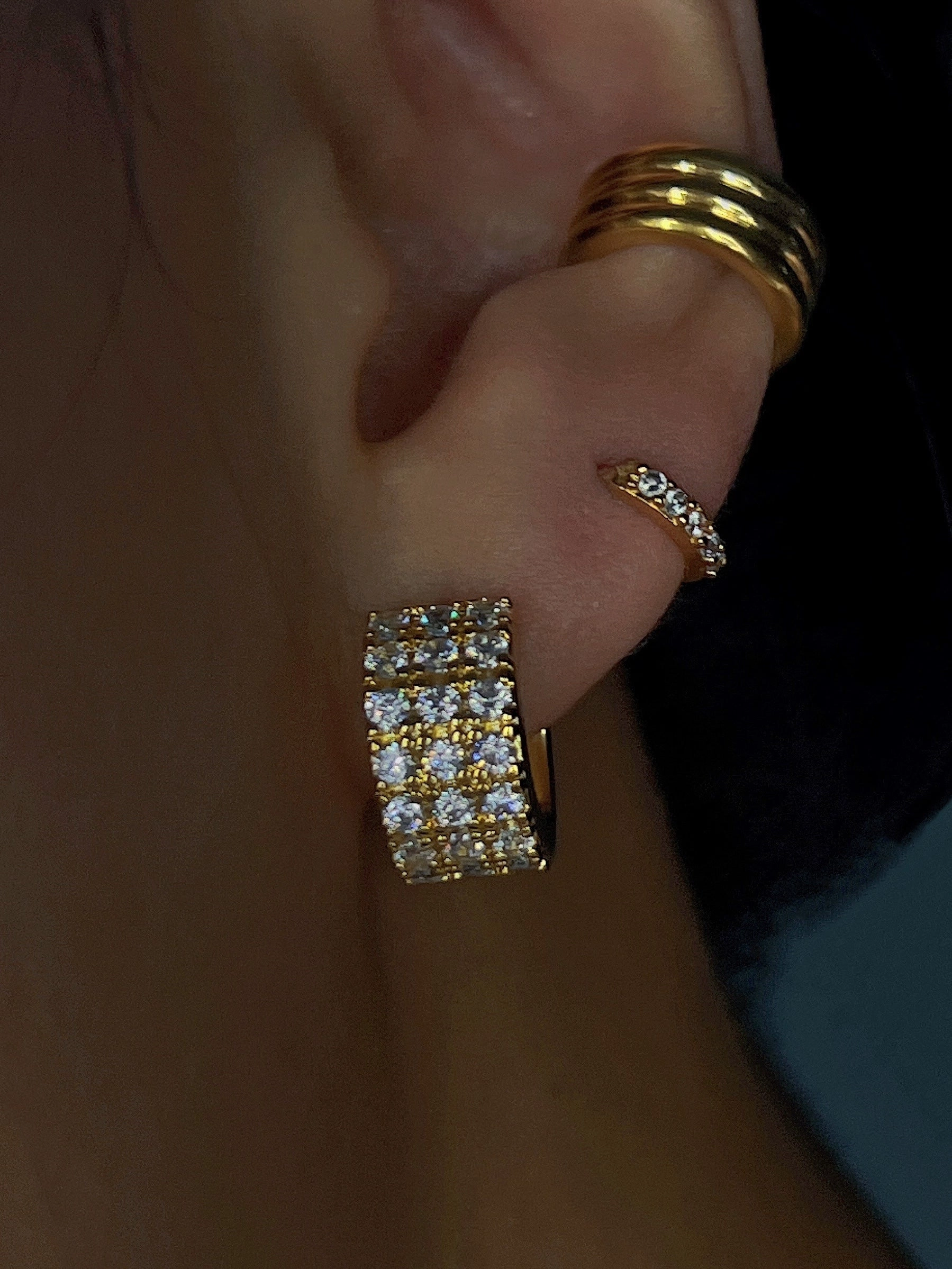 Wide Gold Silver C Shape Stud Earrings with Paved Zircon Gemstones | Chunky Gold Silver Earrings Lightweight for Stylish Minimalist Layered Vibe