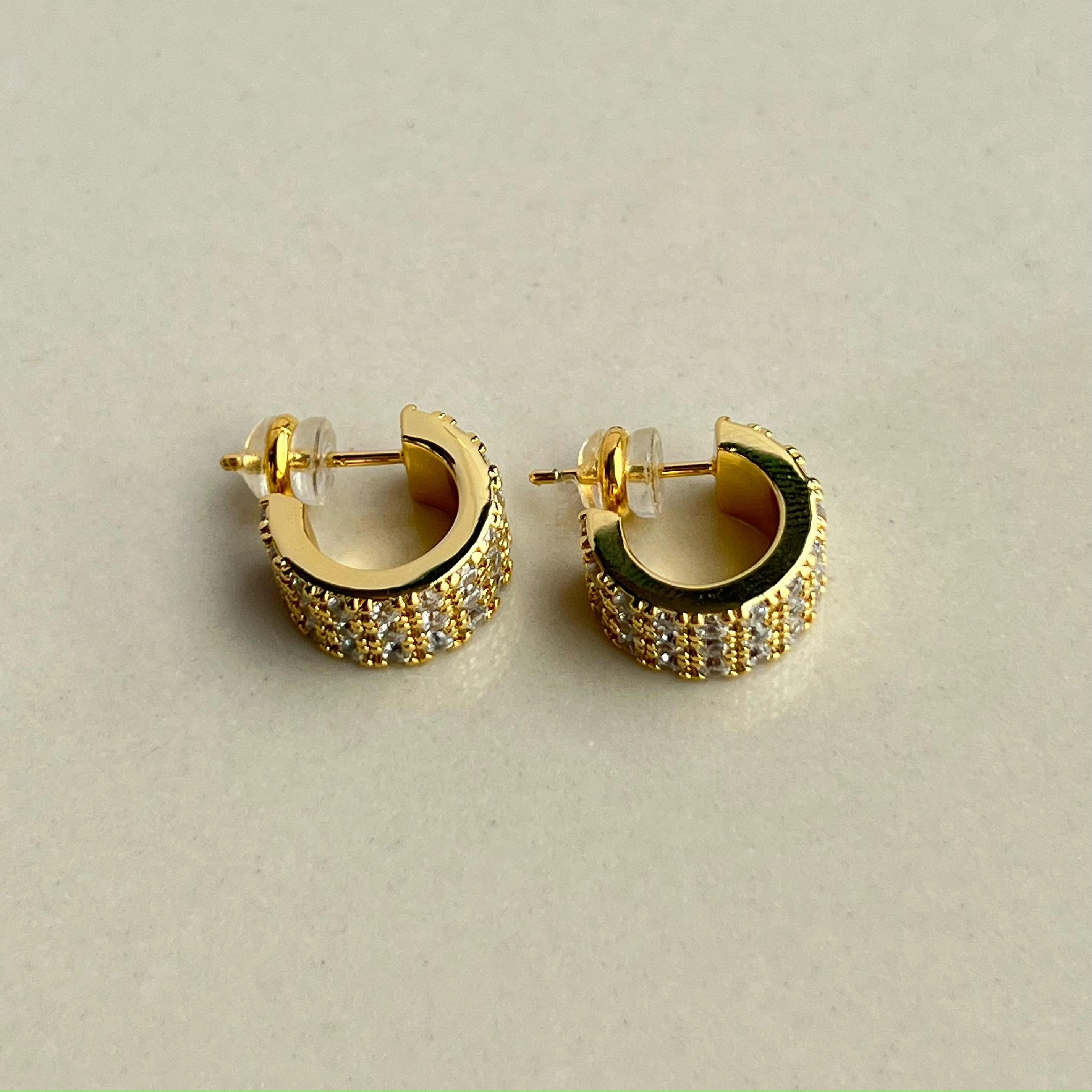 Artisan Touch Wide Gold Silver C Shape Stud Earrings with Paved Zircon Gemstones | Chunky Gold Silver Earrings Lightweight for Stylish Minimalist