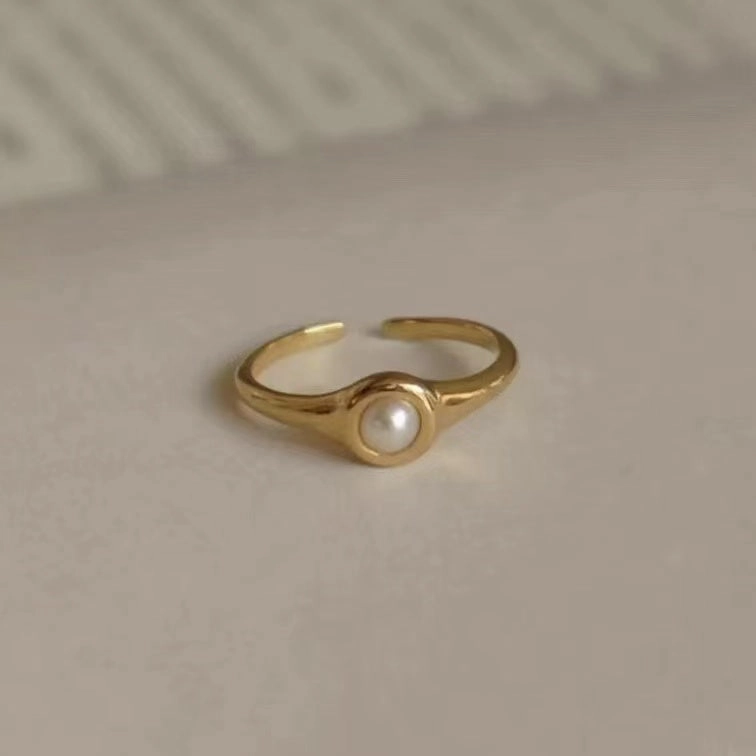 Night Style Artistic Creation Zoe Antique Gold Pearl Ring Onyx Ring Open Ring Minimalist Design, Natural Pearl